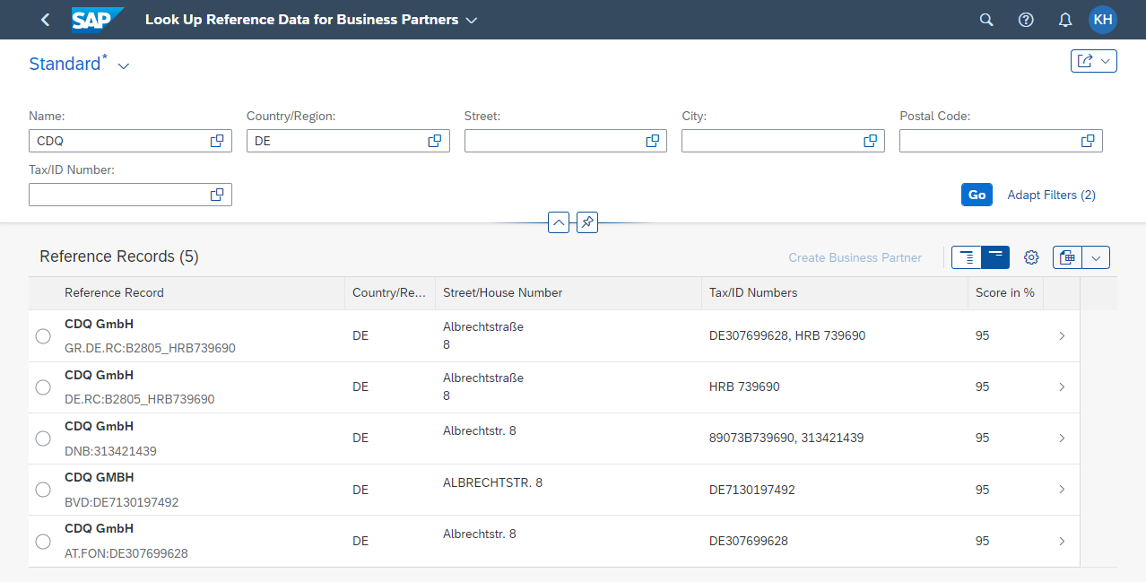 Search result for "CDQ" in Germany (DE) with 5 found reference records