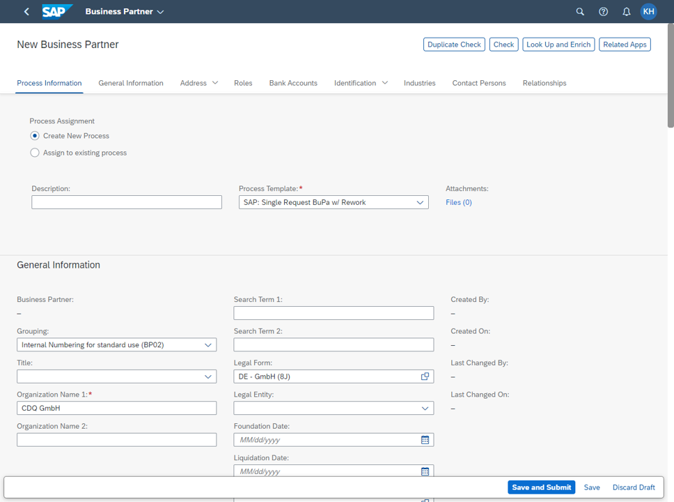 Population in a standard business partner creation form