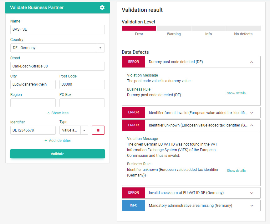 Exemplary view on violated data quality rules